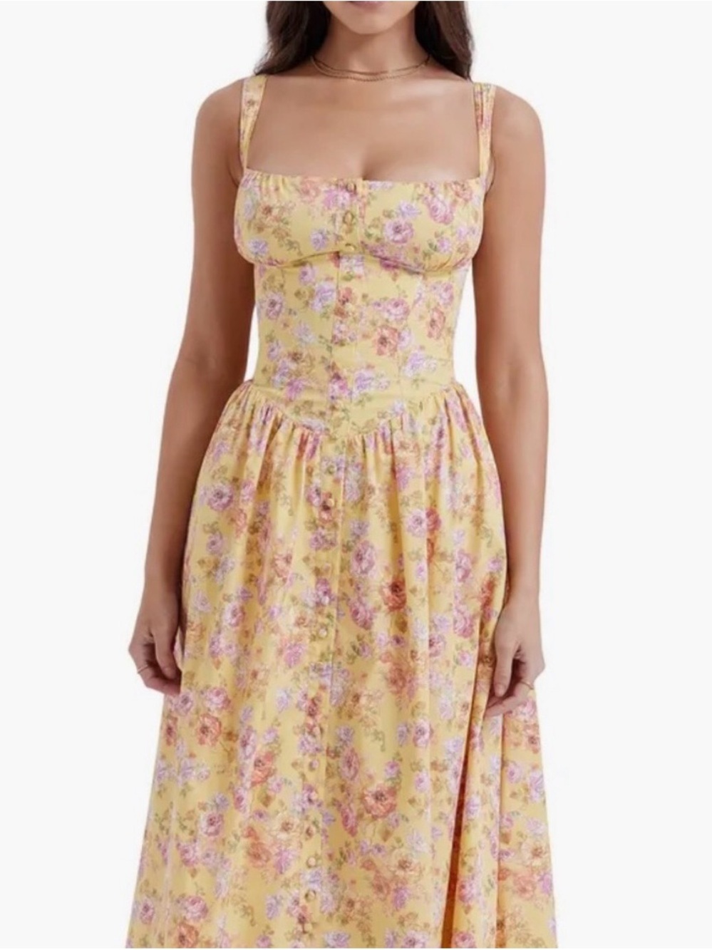 House of CB Yellow Floral Square-Neck Maxi Dress with Pink & Purple Blooms